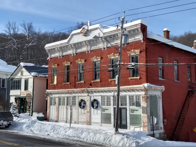 Klinkhart Hall in December snow, 2020