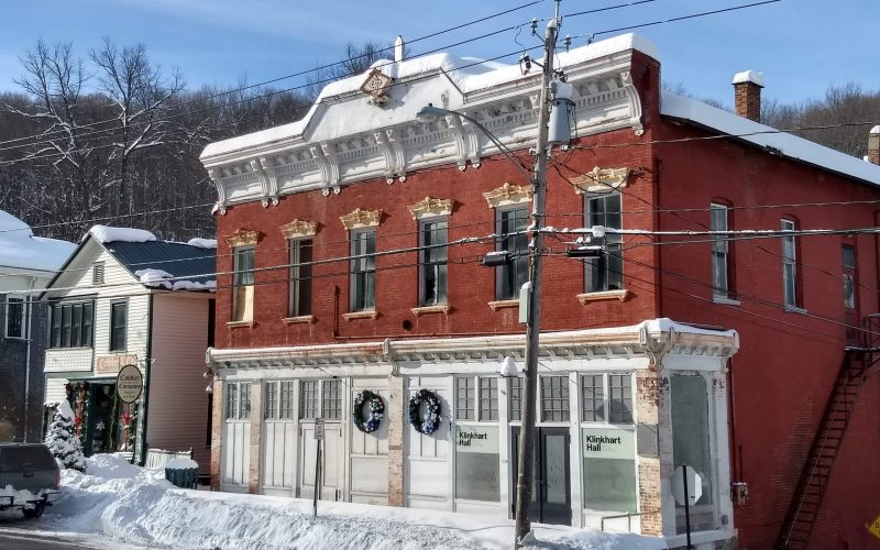 Klinkhart Hall in December snow, 2020